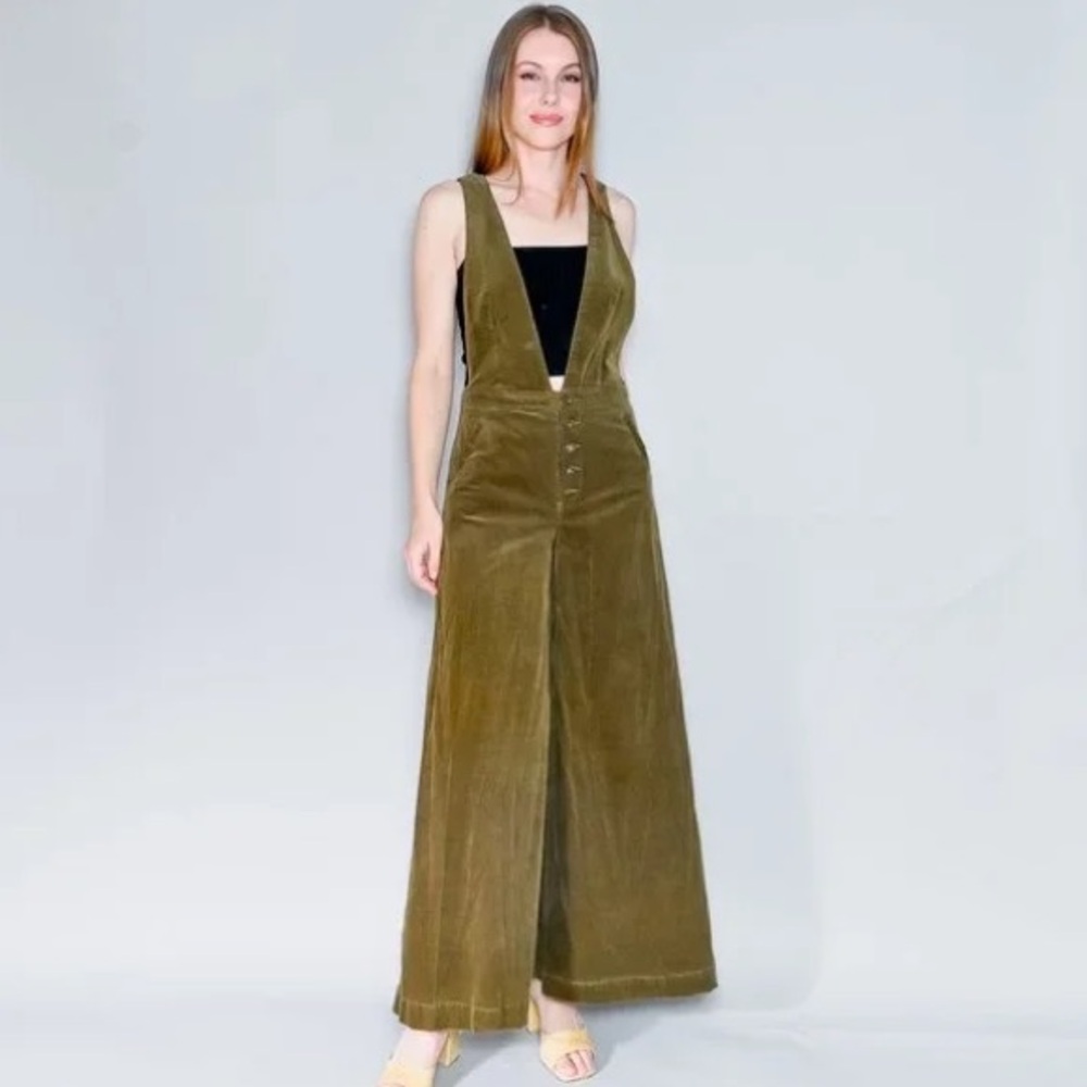 Free People We The Free Old School Love Olive Green Corduroy Jumpsuit Overalls